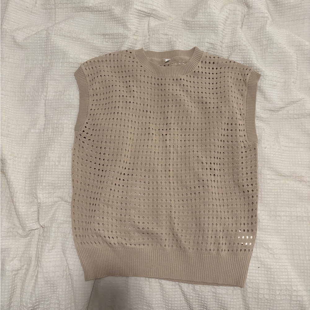 Sleeveless Knit Eyelet Sweater Vest - Beige
